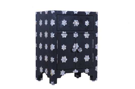Mother of Pearl Star Design 1 Drawer and 2 Door Bedside Table in Black Color. - Hansa Handicraft