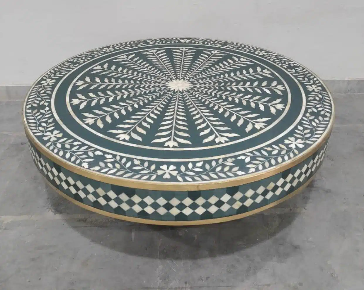 Green Bone Inlay Round Coffee Table with Brass Base | Handmade Accent Table | Hansa Handicraft Furniture - Hansa Handicraft