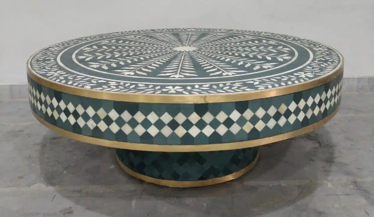 Green Bone Inlay Round Coffee Table with Brass Base | Handmade Accent Table | Hansa Handicraft Furniture