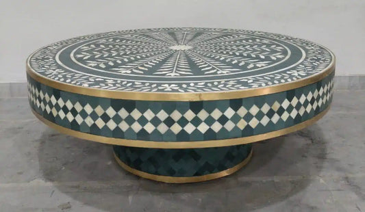 Green Bone Inlay Round Coffee Table with Brass Base | Handmade Accent Table | Hansa Handicraft Furniture - Hansa Handicraft