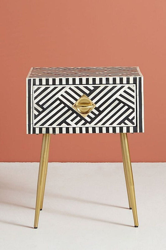 Handmade Bone Inlay Modern Striped Pattern Bedside Table with 1 Drawer for Home and Office Decor - Hansa Handicraft