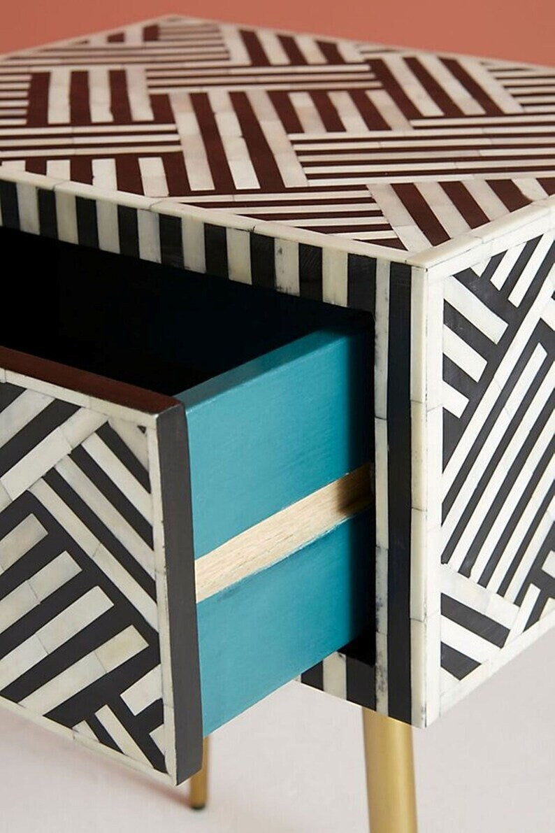 Handmade Bone Inlay Modern Striped Pattern Bedside Table with 1 Drawer for Home and Office Decor - Hansa Handicraft
