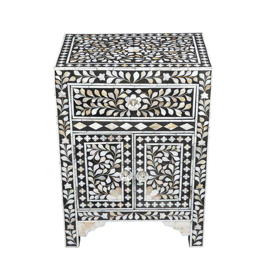 Mother of Pearl Inlay Floral Design Bedside Table Black, Mother of Pearl Inlay Floral Design Nightstand Table Blue, Mother of Pearl Inlay Storage, Bedroom Furniture - Hansa Handicraft