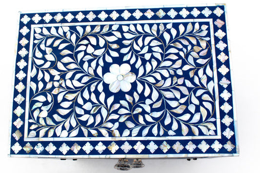 Mother of Pearl Inlay Floral Design Bedside Table Blue, Mother of Pearl Inlay Floral Design Nightstand Table Blue, Mother of Pearl Inlay Storage, Bedroom Furniture - Hansa Handicraft