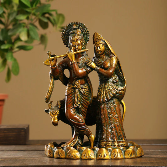 Brass Radha Krisha with Cow Statue - Hansa Handicraft
