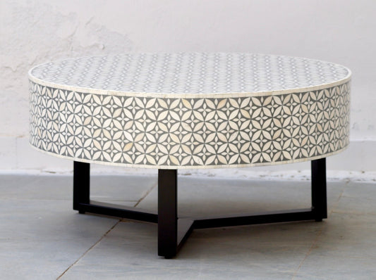 Bone Inlay Round Coffee Table for Home Geometric Pattern Centre Table by Hansa Handicraft - Hansa Handicraft
