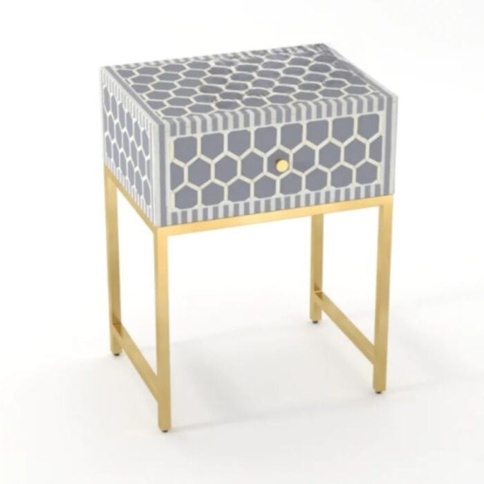 Handmade Bone Inlay Modern Fishscale Pattern Bedside Table with 1 Drawer for Home and Office Decor - Hansa Handicraft