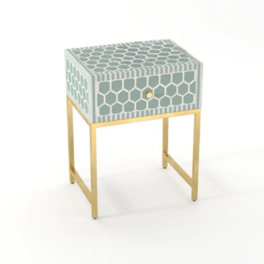Handmade Bone Inlay Modern Fishscale Pattern Bedside Table with 1 Drawer for Home and Office Decor - Hansa Handicraft