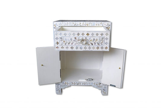 Mother of Pearl Inlay Floral Design Bedside Table , Mother of Pearl Inlay Floral Design Nightstand Table , Mother of Pearl Inlay Storage, Bedroom Furniture - Hansa Handicraft