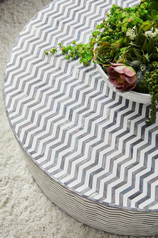 Bone Inlay Round Coffee Table for Home Centre Table Chevron Stripe Pattern by Hansa Handicraft - Hansa Handicraft