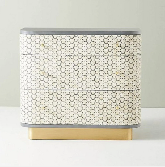 Bone Inlay Dresser With Brass Platted Bottom| Handmade Bone Inlay Storage Furniture| Bone Inlay Three Drawers Dresser - Hansa Handicraft