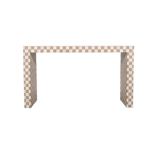 Handmade Bone Inlay Console Table Peach and White Checkers Design | Unique Exotic Design for Entryway, Living Room, and Dining Room Decor - Hansa Handicraft