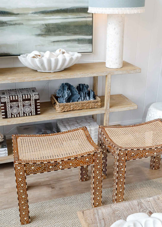 Teak Inlay Rattan Ottoman