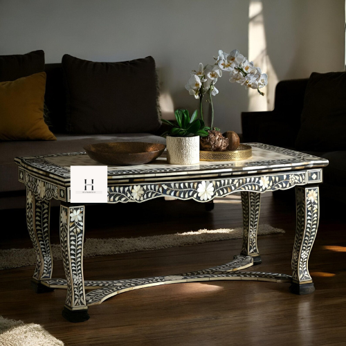 Floral Gray and White coffee table | Floral Pattern Coffee table -hansa handicraft - Hansa Handicraft