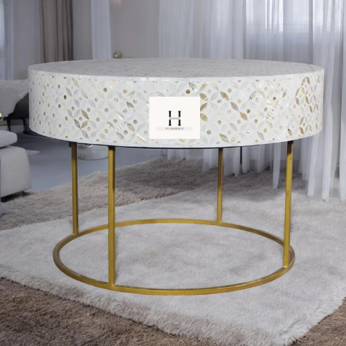 Hansa Handicraft Handmade Round Coffee Table | White Petal Mother of Pearl Inlay | MOP Coffee Table with Metal Base - Hansa Handicraft