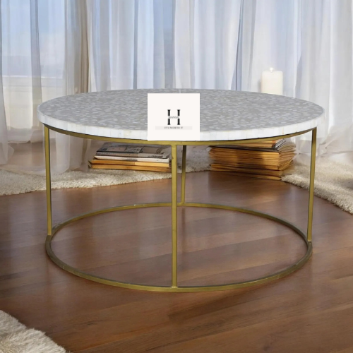 Handmade Coffee table with Metal stand | Gray and White Floral pattern Mother of pearl-HANSA HANDICRAFT - Hansa Handicraft