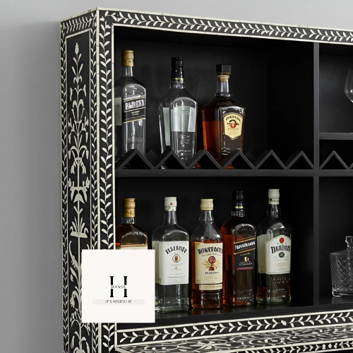 Handmade Black Bone Inlay Bar Cabinet | Wall Mounted-HANSA HANDICRAFT - Hansa Handicraft