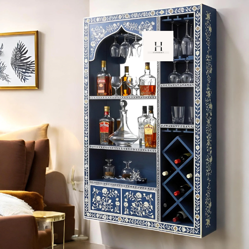Bone Inlay Bar Cabinet Wall Mounted | Handmade Blue-HANSA HANDICAFT - Hansa Handicraft