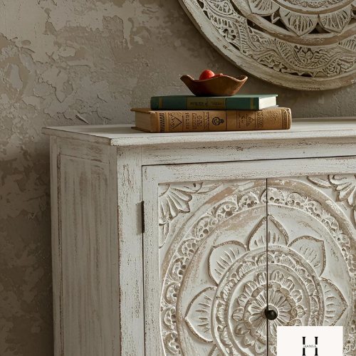 Hand Carved Wooden Sideboard | Rustic White 4 Door Cabinet-HANSA HANDICRAFT - Hansa Handicraft