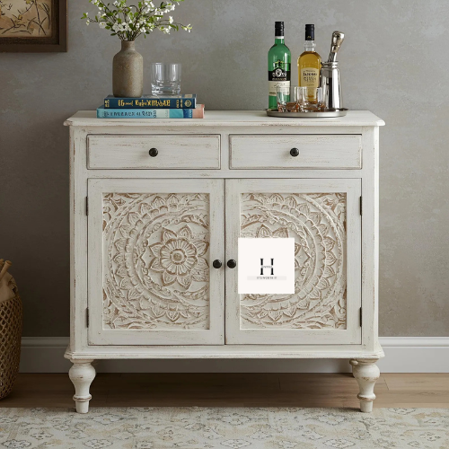 Boho Sideboard | Hand-Carved Wooden Cabinet in Distressed White | Rustic Solid Wood Console -HANSA HANDICRAFT