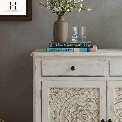 Boho Sideboard | Hand-Carved Wooden Cabinet in Distressed White | Rustic Solid Wood Console -HANSA HANDICRAFT