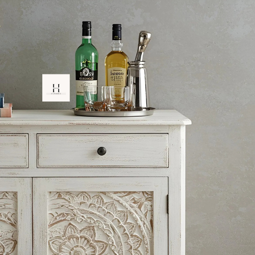 Boho Sideboard | Hand-Carved Wooden Cabinet in Distressed White | Rustic Solid Wood Console -HANSA HANDICRAFT