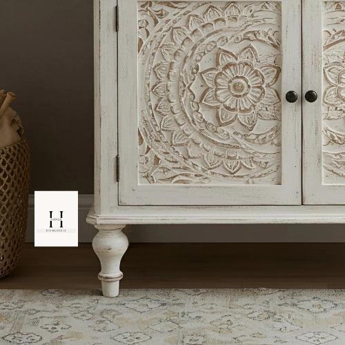 Boho Sideboard | Hand-Carved Wooden Cabinet in Distressed White | Rustic Solid Wood Console -HANSA HANDICRAFT