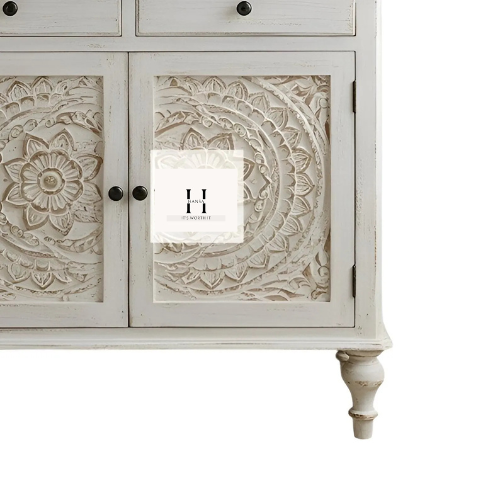 Boho Sideboard | Hand-Carved Wooden Cabinet in Distressed White | Rustic Solid Wood Console -HANSA HANDICRAFT