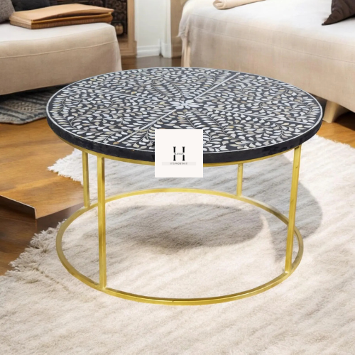 Handmade Coffee table with Metal stand | Black and White Floral pattern Mother of pearl Coffee table -HANSA HANDICRAFT - Hansa Handicraft