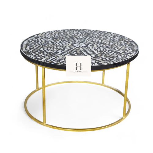 Handmade Coffee table with Metal stand | Black and White Floral pattern Mother of pearl Coffee table -HANSA HANDICRAFT - Hansa Handicraft