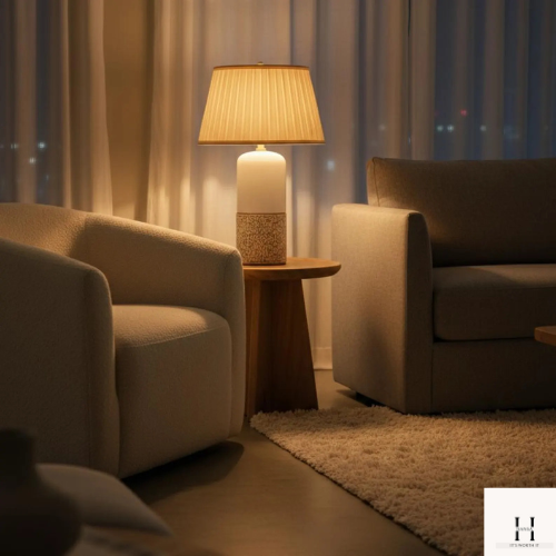 Handmade Bone Inlay Table Lamp - Ceramic Base, Pleated Shade, Boho Decor | Hansa Handicraft.
