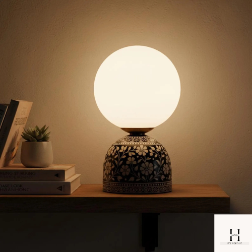 Handmade Bone Inlay Table Lamp - Floral Boho Globe Light | Hansa Handicraft