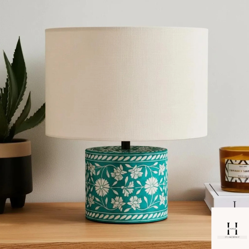 Handmade Green Bone Inlay Table Lamp - Floral Boho Accent Lamp | Hansa Handicraft