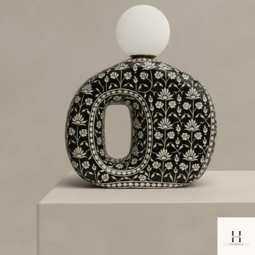 Bone Inlay Table Lamp - Black Floral Design, Globe Shade, Handmade Home Décor | Hansa Handicraft