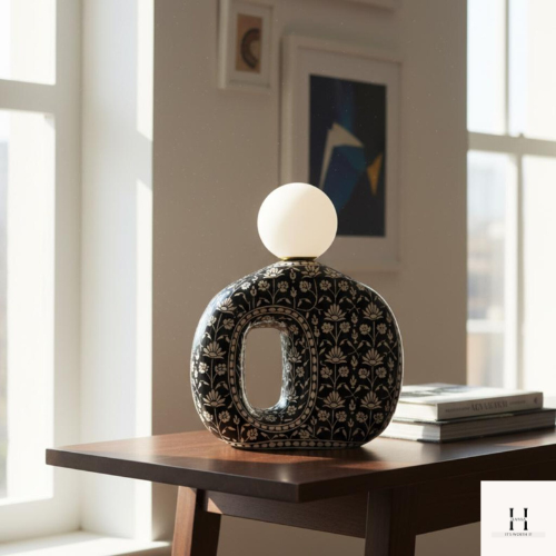Bone Inlay Table Lamp – Black Floral Design, Globe Shade, Handmade Home Décor | Hansa Handicraft