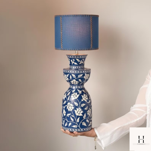 Handmade Blue Bone Inlay Table Lamp - Floral Boho Accent Light, Artisan Home Décor | Hansa Handicraft
