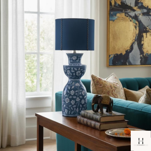 Handmade Blue Bone Inlay Table Lamp – Floral Boho Accent Light, Artisan Home Décor | Hansa Handicraft