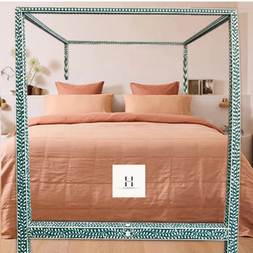 floral blue 4 Post Bed-hansa handicrafts - Hansa Handicraft