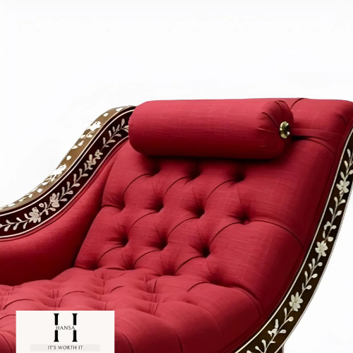 Unique Luxury Statement Accent Furniture | Bone Inlay Chaise Lounge – Red Tufted Indian Daybed Sofa | Handcrafted Floral Bone Couch-hansa handicraft - Hansa Handicraft