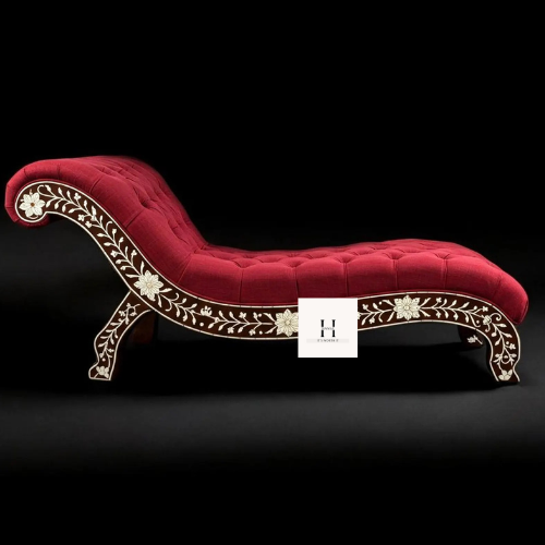Bone Inlay Chaise Lounge Chair – Handmade Indian Daybed Sofa | Red Upholstered Floral Bone Couch | Luxury Boho Statement Furniture-hansa handicraft