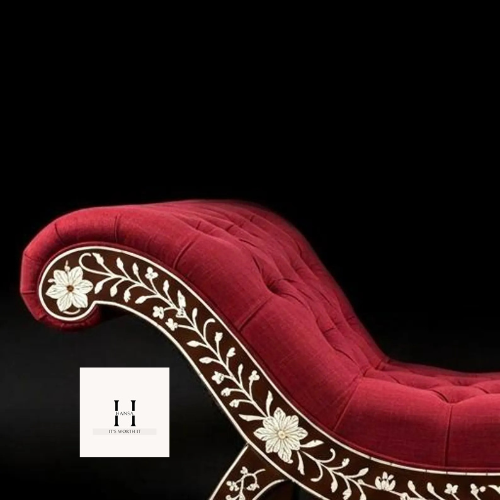 Bone Inlay Chaise Lounge Chair – Handmade Indian Daybed Sofa | Red Upholstered Floral Bone Couch | Luxury Boho Statement Furniture-hansa handicraft