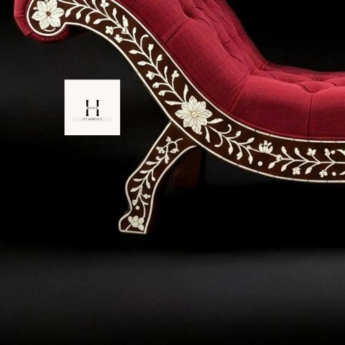 Bone Inlay Chaise Lounge Chair – Handmade Indian Daybed Sofa | Red Upholstered Floral Bone Couch | Luxury Boho Statement Furniture-hansa handicraft
