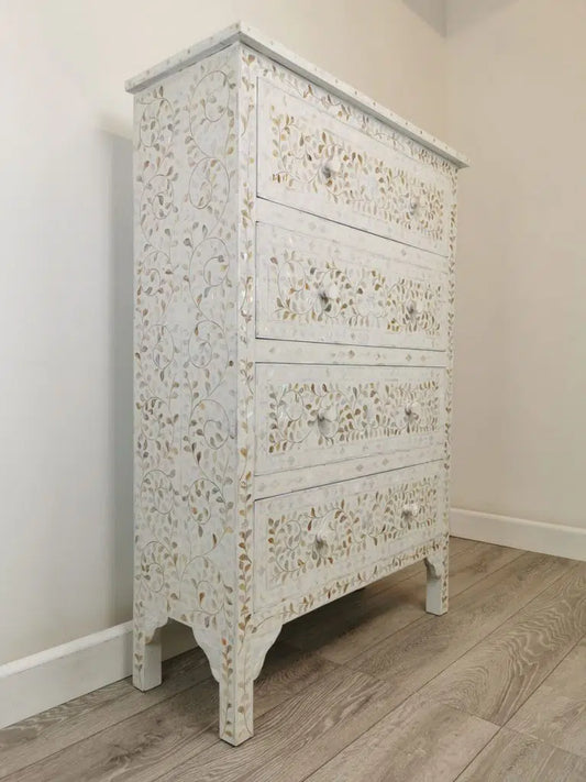 White Mother of Pearl Tall Chest of Drawers | Handmade Bone Inlay Dresser | Hansa Handicraft Storage Cabinet