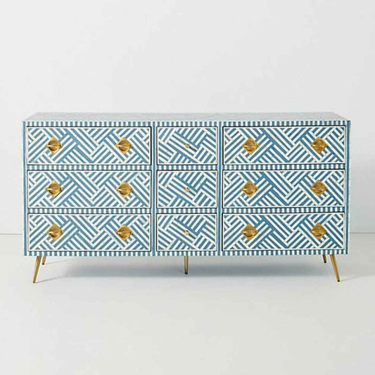 Handmade Exclusive Bone Inlay Optical Chest of Nine Drawers Dresser