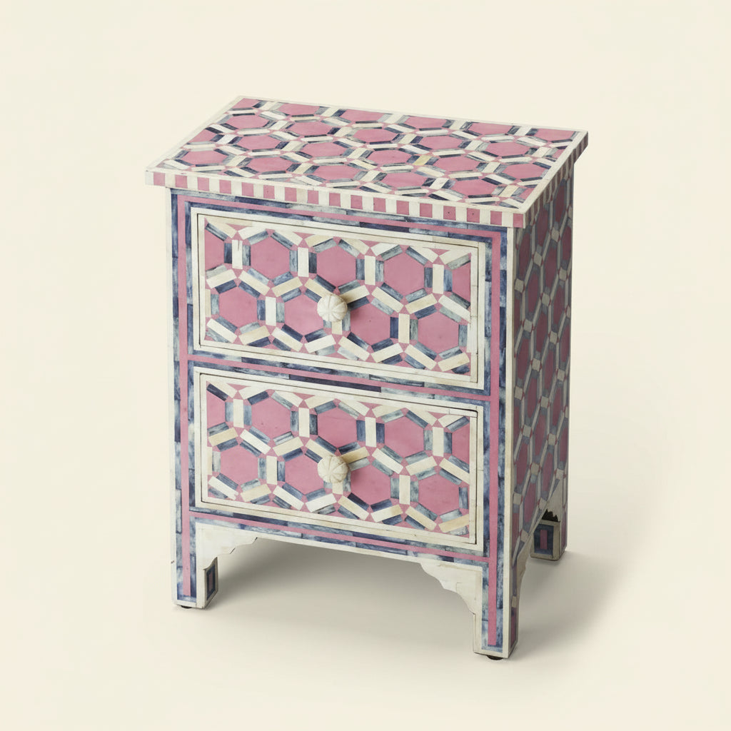 Handmade Bone Inlay Hexa Pink Color Nightstand | Bedside Table