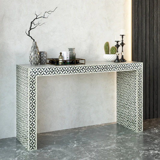 Handmade Edge Waterfall Bone Inlay Console Table | Unique Exotic Design for Entryway, Living Room, and Dining Room Decor - Hansa Handicraft