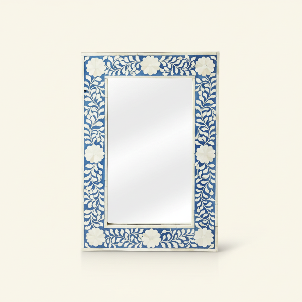 Bone Inlay Mirror Frame Handmade Decor Floral Design Wood Frame Entryway, Hallway, Living Room, Closet Mirror - Hansa Handicraft