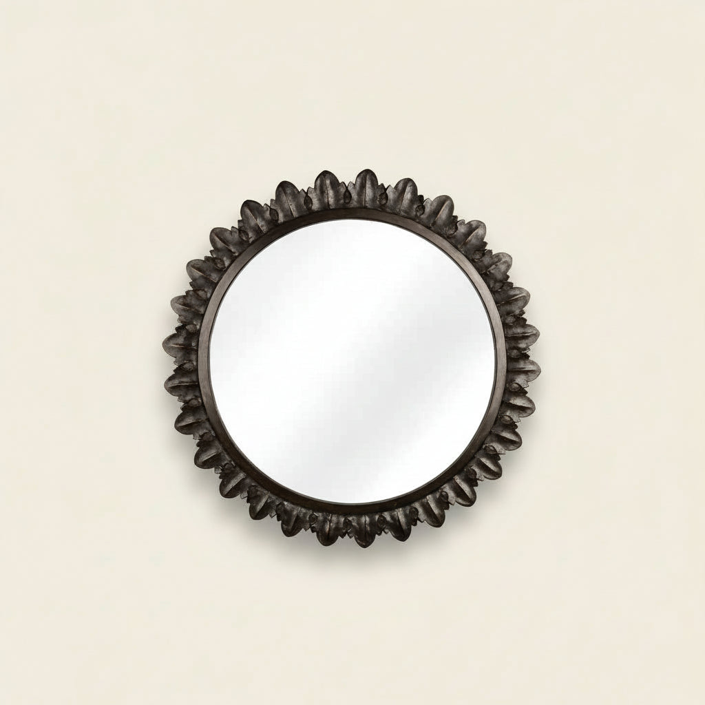 Ebony Carved Round Temple Mirror - Variation II