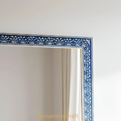 Bone Inlay Mirror Frame Handmade Decor Floral Design Wood Frame Entryway, Hallway, Living Room, Closet Mirror-hansa handicraft - Hansa Handicraft