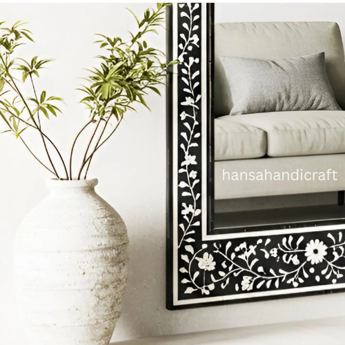 Mirror Frame Handmade Decor Floral Design Wood Frame Entryway, Hallway, Living Room, Closet Mirror-HANSA HANDICRAFT